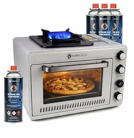 Eurocatch Horno Portátil de Gas - Propano y Cartuchos de Butano 227g - Horno de Camping con Quemador - 25,2L - 2,1kW - Uso Exterior y Doméstico - Incl. 4 cartuchos de gas