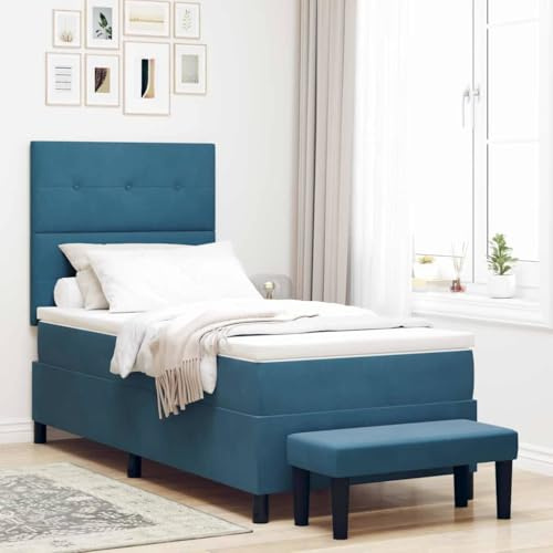 sephironlbb Boxspringbett mit Matratze, Dunkelblau 90 x 190 cm, Samtbezug, Luxus Kopfteil, Stabiler Holzrahmen, mittelfeste Schaumstoffmatratze für erholsamen Schlaf