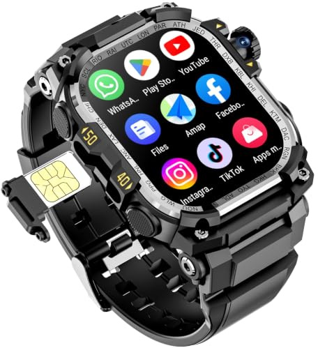 Mingtawn Reloj Inteligente Android 4G SIM GPS WiFi Hombre, Reloj Militar Outdoor Pantalla AMOLED 2,06 videollamadas, cámara HD 180° giratoria, Descarga apps, Monitor Salud y Actividad (Negro)