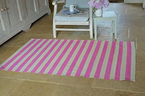 Floor Rug, 100% Cotton Salcombe Stripe Flat Weave in Fuchsia Pink/Sand 90x150cm 3x5' Quayside Home