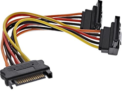 InLine SATA Strom-Y-Kabel, SATA Buchse an 2x SATA Stecker gewinkelt, mit Sicherheitslaschen, 0,15m