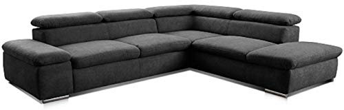 Cavadore Ecksofa Alkatraz / Modernes L-Form Schlafsofa mit Bett, Ottomane und verstellbaren Kopfteilen / Maße: 272 x 73 x 226 / Webstoff, Schwarz