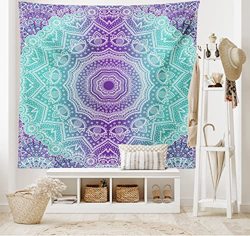 ABAKUHAUS Lila und Türkis Wandteppich, Hippie Ombre Mandala Innerer Frieden und mit ornamentaler Kunst, aus Weiches Mikrofaser Stoff Wand Dekoration Für Schlafzimmer, 150 x 110 cm, Lila Aqua