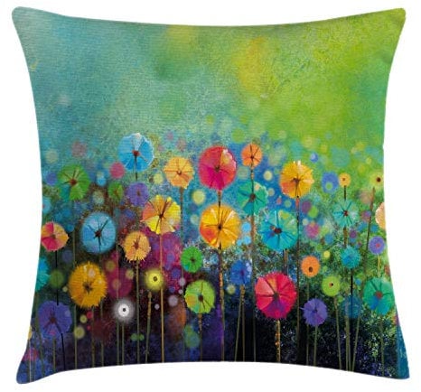 ABAKUHAUS Blumen Kissenbezug, Bunter Löwenzahn, Wasser und Schmutz resistent Waschbar Beidseitiger Druck mit Reißverschluß, 60 x 60 cm, Grün Gelb Blau
