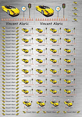 INDIGOS UG Namensaufkleber Kinder Schule - Edelstahllook - 69 Sticker personalisiert - 007 - Hot Rod Auto - Namensschilder für KITA, Stifte, Lineale, Federmappen - Etiketten selbstklebend - A4 Bogen