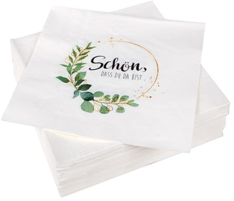 Hochwertige Servietten (80er Pack) 33x33 cm, 3-lagig - Partyservietten mit Motiv Schön das du da bist - für Party, Geburtstag oder Feiern
