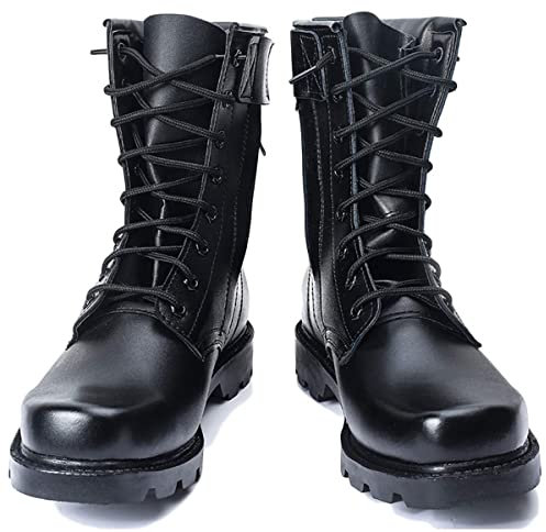 YUHAI Stivali da Lavoro Militari in Pelle da Uomo Suola in Gomma Stivali da Trekking Impermeabili all'aperto Stivali da Caccia Tattici da Combattimento,Black-45(UK10.5)
