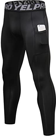 Ruowuhen Herren Kompressionshose mit Taschen, Männer Sport Leggings Laufhosen Schnelltrocknend Fitness Funktionsunterhose Tights Schwarz M