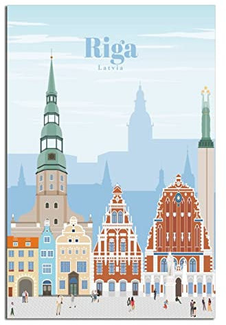 Lettland Riga Vintage Reiseposter Architektur Haus der Mitesser Leinwandkunst Poster Malerei Bilder Wandkunst Drucke, Wanddekoration für Schlafzimmer, Home Office Decor Party Geschenke 20 x 30 cm
