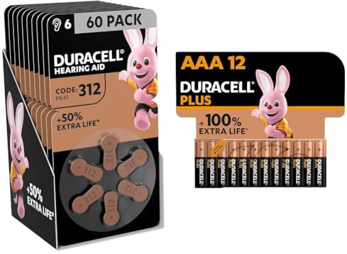 Duracell - 312 Marrone, Batterie per Apparecchi Acustici con Easy Tab, confezione da 60 & Batterie Plus AAA (pacco da 12) - Alcalina 1.5V - Fino al 100% di extra durata