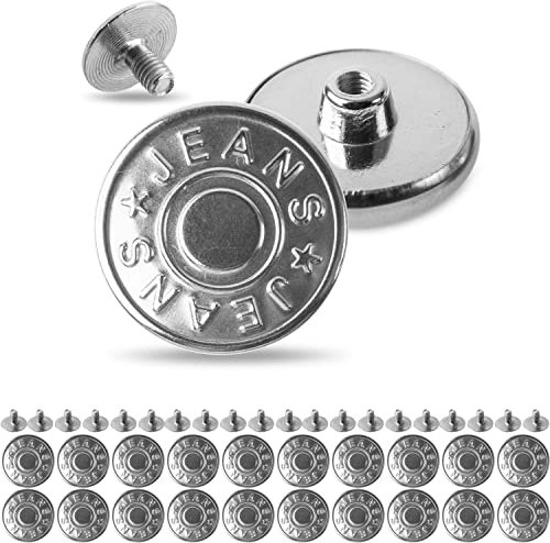 Hosen Ersatz Knöpfe zum Schrauben, 20 Pack, Ø 17 mm Messing Jeansknöpfe, Silber-farben, schraubbare Jeans Knöpfe, Hosenbund weiter oder enger machen, Metall Hosenknöpfe mit Schrauben Pin Verschluss