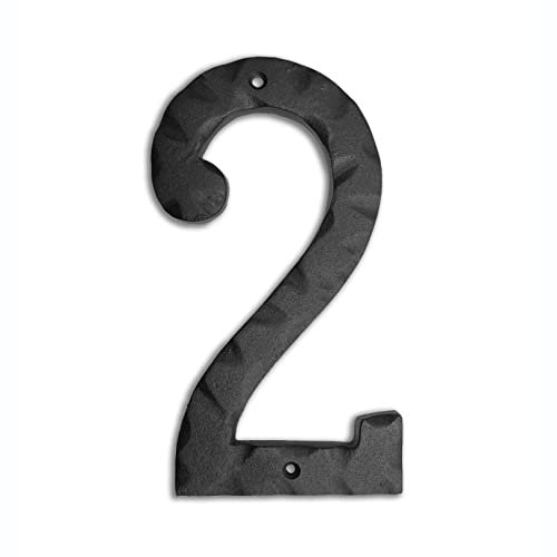 NACH Matte Black Hammer Tone Cast Iron House Number for Outside or Inside, Metal Modern House Numbers For Mailbox, Front Door, Maximum Rust Protection, 6 inch, Number 2, KE-HM6-BLK-2