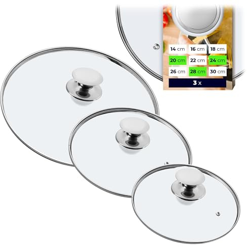 KADAX 3er Set Glas-Universaldeckel Ø20/24/28 cm, hitzebeständig, mit silbernem Griff, für Töpfe und Pfannen, hält Wärme und reduziert Spritzer