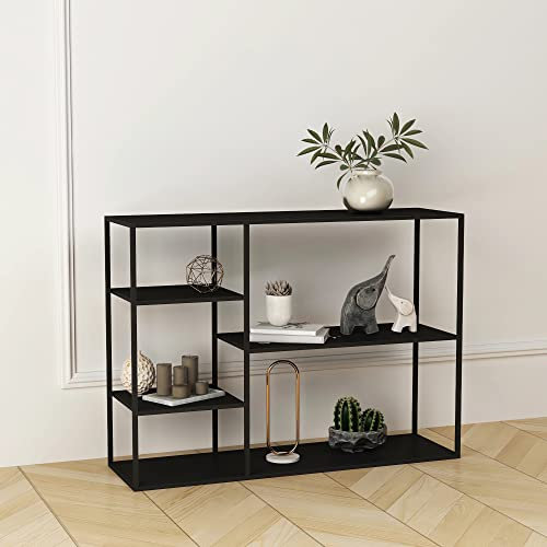 [en.casa] Scaffale da Terra in Acciaio con Ripiani Libreria Consolle Autoportante con Vani Aperti Mobile Basso Espositore per Soggiorno Ufficio 120x35x88 cm - Nero Opaco