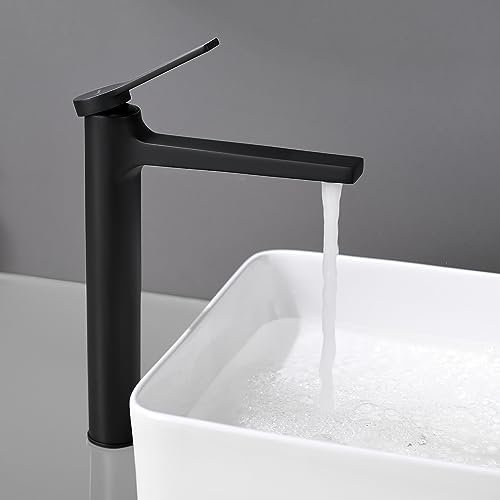 PHASAT Wasserhahn Bad Wasserhahn Aufsatzwaschbecken Hoch Aufsatzwaschbecken Armatur Mischbatterie Einhebelmischer Waschbecken Armatur Matt Schwarz PTMP03B
