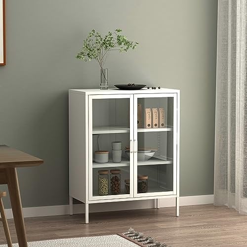 [en.casa] Sideboard Fauske Kommode Vitrinenschrank Wohnzimmerschrank Bücherregal Beistellschrank Standschrank aus Stahl mit 2 Glastüren 101,5x80x40cm Weiß