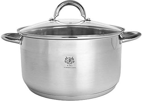 KARL HAUSMANN Faitout Inox - 4L - 22 cm - Marmite Induction en Acier Inoxydable 18/0 - Casserole avec Couvercle en Verre - fait tout tous feux - Faitouts Avec Échelle de Mesure - Cocotte Inox