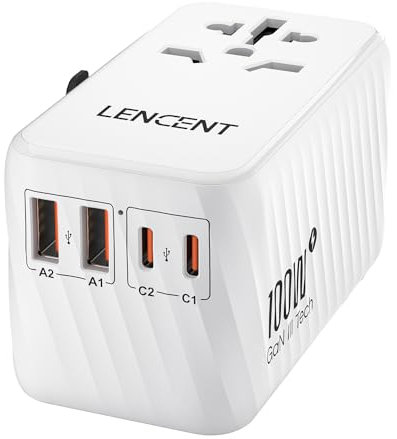 LENCENT Internationaler Reiseadapter, 100W GaN3 Universeller Adapter mit 2 PD3.0 Type C+2 QC USB A, Weltweit Adapter für Handys, All in One Reisestecker für EU/USA/UK/AU Steckdosen, Weiß