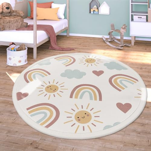 TT Home Waschbarer Teppich Krabbelmatte Babyzimmer Kinder rutschfest Flauschig Punkte, Farbe:Rosa Blau Gelb, Größe:160 cm Rund