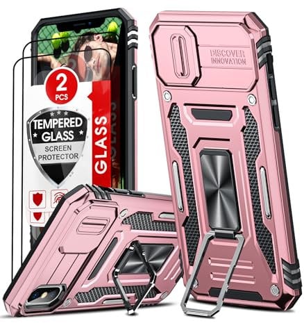 LeYi for iPhone XS/iPhone X Case with Camera Lens Cover Slider, 2 Screen Protectors, Ring Stand Military Shockproof Armour Phone Cover for iPhone X/XS, Rose Gold