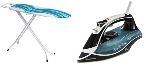 Mabel Home Adjustable Height, Deluxe, 4-Leg, Ironing Board, Extra Cover, Blue/White Patterned & Russell Hobbs Supreme Steam Traditional Iron 23260, 2600 W - Teal/Black