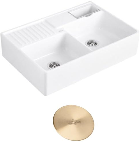 Evier timbre d'office VILLEROY ET BOCH Tradition 89,5 x 63 céramique vidage auto blanc + Cache bonde or