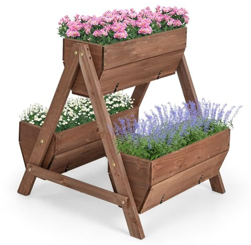 RELAX4LIFE Hochbeet 2+1 Etagen, Gartenbeet mit 3 Pflanzkästen & 6 Abflusslöchern, Gemüsebeet aus Holz, Kräuterbeet A-förmig, Blumenbeet für Garten Terrasse Balkon, 73 x 66 x 73 cm