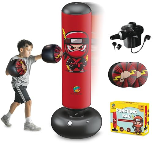Sac de Frappe Enfant 160CM - Punching Ball Enfants + Pompe Électrique + Gants de Boxe Gonflables - 3 à 12 Ans - Jeu Exterieur Enfant et intérieur - Sac de Frappe sur Pied - Sac de Boxe