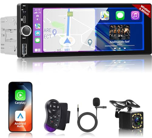 1 Din 6,86 HD Touchscreen Autoradio mit Drahtlos Carplay und Android Auto - 1 Din Radio Unterstützung Mirror Link FM RDS EQ Bluetooth + 12 Led Rückfahrkamera&Mic