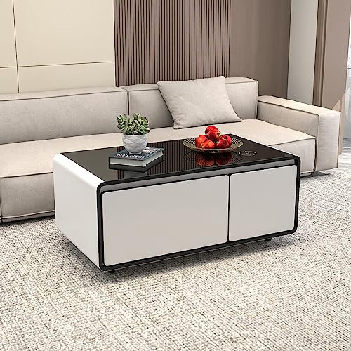PRUJOY Table Basse Intelligente de 26,5 po, Table de Cocktail Centrale avec réfrigérateur intégré, Table de réfrigérateur Intelligente avec Prise USB et Prise de Courant, contrôle de la température