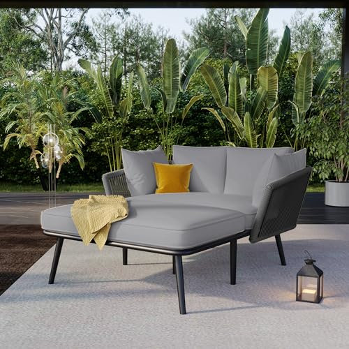 Merax Gartensofa,Sonnenliege für den Außenbereich, Balkonmöbel-Set mit 2 abnehmbaren und waschbaren Kissen - für Loungemöbel und Terrassenmöbel in Grau