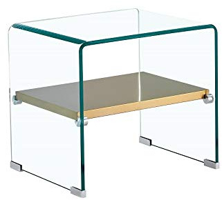 MAESTRO FERRETERO MF- Mesa Auxiliar Modelo POITIERS Baja, Fabricada en Cristal Curvado de 12 mm, Estante Inferior Revestido de Acero Inoxidable Dorado, 50x40 cm - Diseño Compacto y Elegante