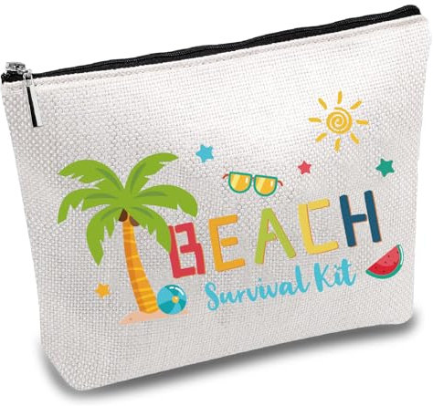 CREATCABIN Kit de Survie à la Plage, Trousse Maquillage Cosmétique Multi-Usages en Polycoton, Protection Solaire, Lunettes de Soleil, Sacs en Toile avec Fermeture Éclair pour Voyage, Vacances, 18x25cm