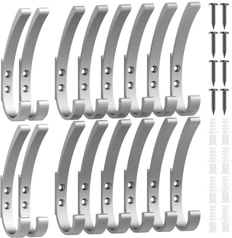 KYOEON 16 Stück Garderobenhaken, Silber Kleiderhaken, Kleiderhaken Wand, Haken zum Schrauben, Handtuchhaken zum Bohren, Wandhaken für Badezimmer, Küche, Tür