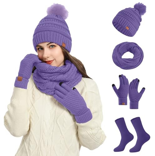 WKAYsIV Mütze Und Schal Damen Set Blau Und 4-teiliges Set (Lila, Einheitsgröße)