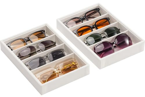 Lolalet Sunglasses Organizer Tray, 4 Grids Velvet Glasses Eyewear Sunglass Jewelry Holder Display Tray Drawer Storage for Women Men -2 Packs, Beige