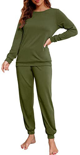 Pigiama Donna Cotone da Donna Set da Notte a Maniche Lunghe da Notte Set da Salotto Morbido con Set Pigiama Coppia Pile Pigiama Donna Lungo (Army Green, S)