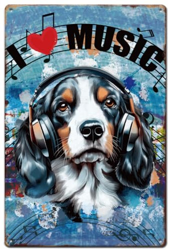 SUPERDANT Metallschild Mit Hundemusik Blechschild Mit Musikthema Vintage Schild Dog Listen Music Retro Blechschild Poster Lustige Schilder Plakette Für Zuhause Bars Cafés Kneipen Wanddekoration