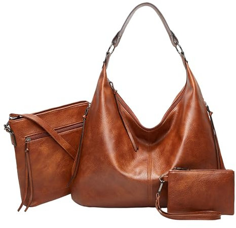 Mabecol Schultertasche, Handtasche, Umhängetasche, PU Tote Bag, Große Einkaufstasche, 3-teiliges Set mit abnehmbaren Taschen (Braun)