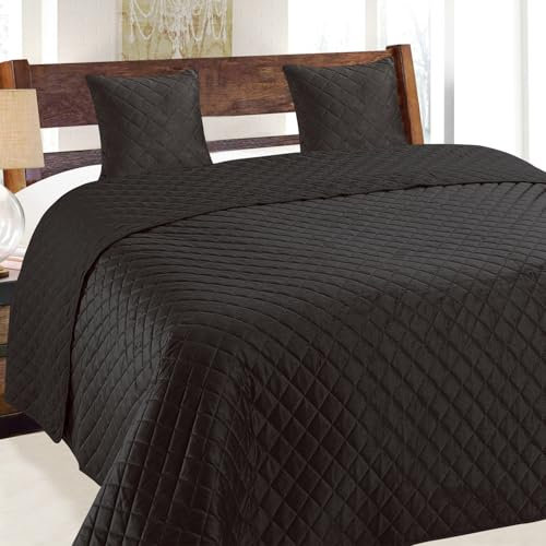 Euromat Tagesdecke Steppdecke Bettüberwurf Gesteppte Tagesdecke mit 2 Kissenbezüge 40x40 cm- (Schwarz- Velvet Amarante, 180x220 cm)