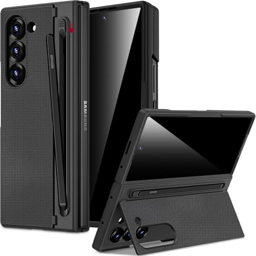 Miimall Kompatibel mit Samsung Galaxy Z Fold 6 Hülle mit S-Pen Holder, [Anti-SPY Displayschutz] Ultradünn PC Stoßfest Schutz Hülle Kickstand Case für Galaxy Fold 6 2024-Schwarz(Nein Pen)
