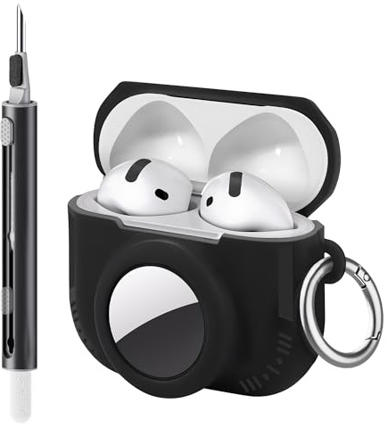 Seltureone Compatibile con AirPods 4 e AirTag 2 in 1, custodia protettiva in morbido silicone compatibile con AirPods 4a generazione, con kit di pulizia e moschettone, nero