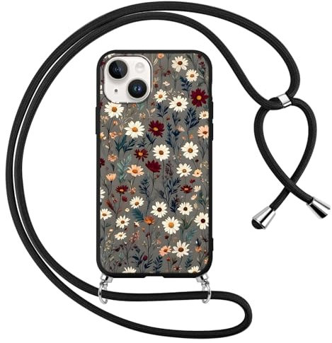 Votvloay Handyband Handyhülle für iPhone 14/iPhone 13 6,1 Hülle mit Band, Aesthetic Blumen Muster Case mit Kordel zum Umhängen, Silikon Weich TPU Bumper Stoßfest Schutzhülle für iPhone 14, Schwarz