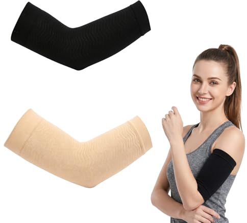 ASTRQLE Lot de 2 paires de manchons amincissants de compression pour femme - Pour tonifier le haut du bras - Aide à perdre la graisse du bras (noir + couleur de peau)