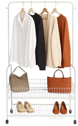 Relaxdays mobile coat rack with wheels, 2 shelves, clothes rail, coat hooks, HWD 165 x 90 x 30 cm, white wardrobe