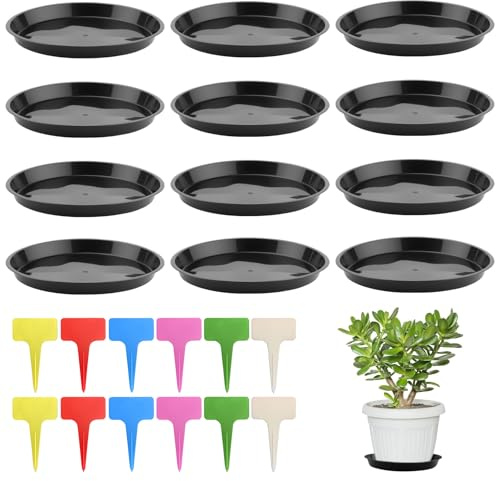 12 Stück 30 cm Blumentopf Untersetzer Pflanzen Untersetzer für Blumentöpfe | Blumentopf Untersetzer Rund mit Etikett Schwarz Kunststoff Pflanzenuntersetzer für Innen und Außenpflanzen