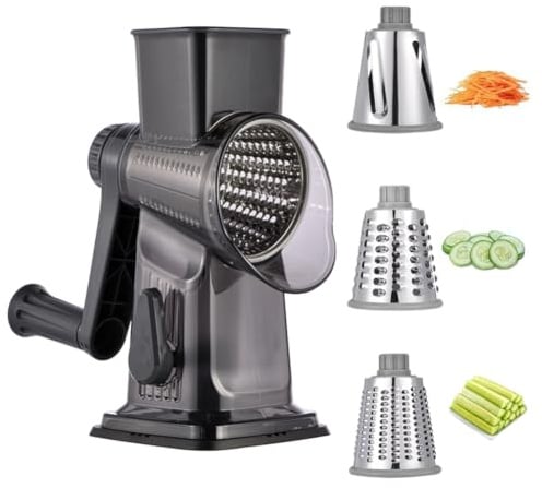 Käsereibe mit Kurbel, Gemüsehobel 3 Edelstahl Austauschbaren Trommelklingen, Schnelles Schneiden Gemüsehobel, Ideal als Nussreibe mit Kurbel, Kartoffelreibe, Nussmühle, Mandelmühle (Grau)