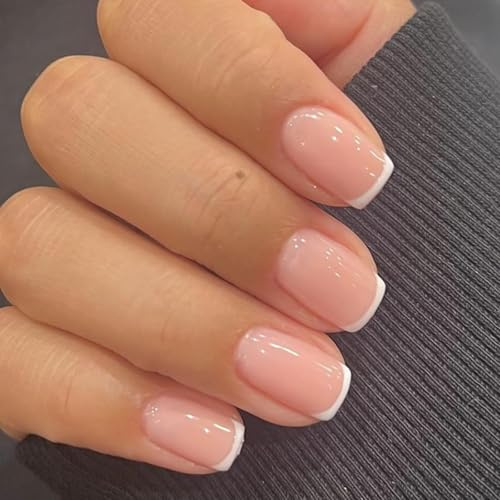Aribliseza Press On Nails, 24 Pieces, Extra Short French Tips Squoval Fake Nails, Reusable Nail Kit with Adhesive and Mini Nail File, 12 Sizes, White Press On Nails