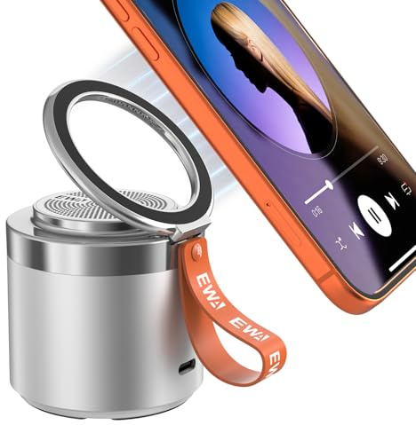 EWA Altavoz Bluetooth inalámbrico con soporte magnético seguro para teléfono, sonido envolvente HD y base antideslizante, soporte magnético manos libres para escritorio, cocina, entrenamiento en casa