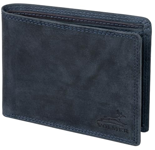 Fa.Volmer ® Leder Geldbörse Herren mit RFID-Schutz - extra-stabile Doppelnaht - 6 Fächer für Kreditkarten - Querformat (Hunter Navy)